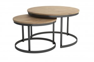 Konferenčné okrúhle dubové stolíky- 2 ks set  s čiernymi  nohami  N-997